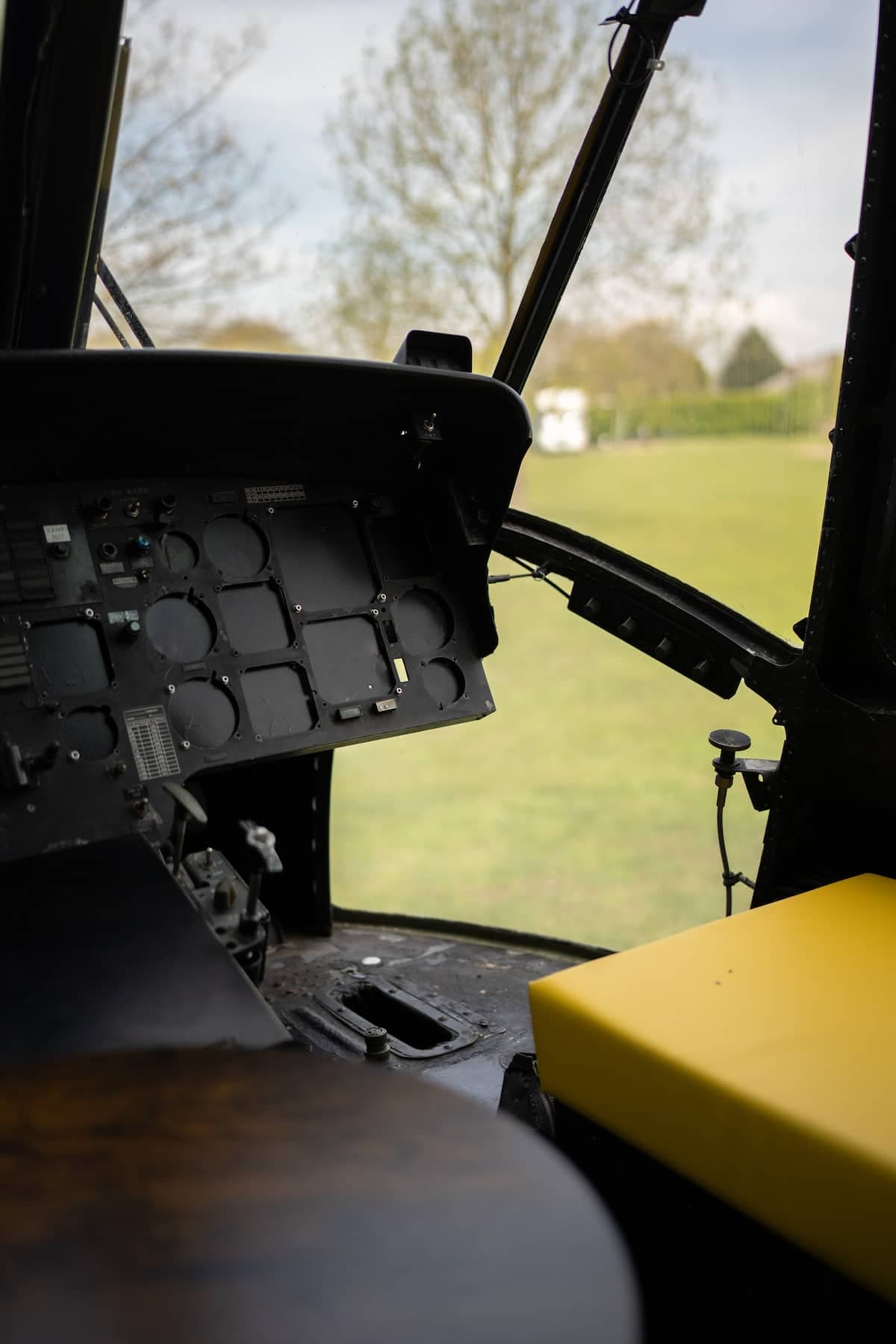 Inside a Sea King glamping pod, looking out over the grounds